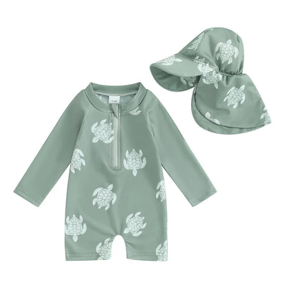 Baby Boy Swimming Suit Baby Swimsuit 3 6 12 18 24M 2T 3T Infant Toddler Boys Swimwear Zipper Long Sleeve Rash Guard with Hat