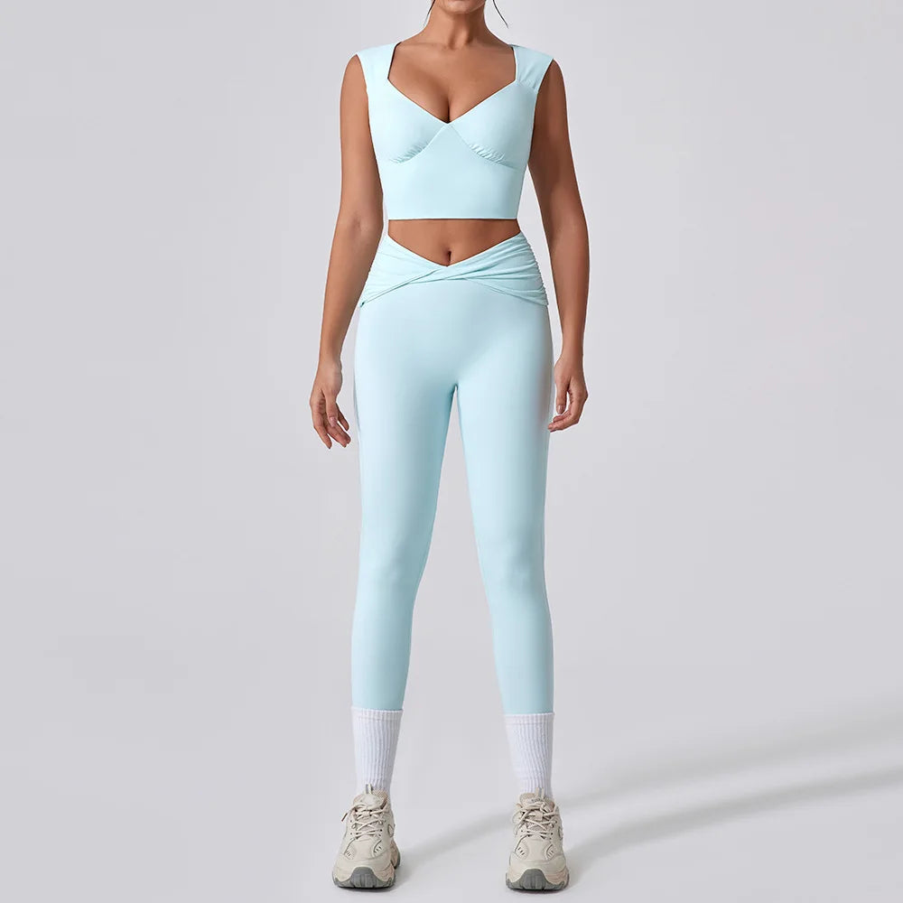 2PCS Women Yoga Set Workout Pant Outfits Fitness Sportswear Gym High Waist Flare Leggings Sports Bra Athletic Tracksuit