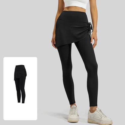 Spring Drawstring Pleated Yoga Leggings Skirt Pants Fake Two Piece Women High Waist Elastic Sports Fitness Leggings