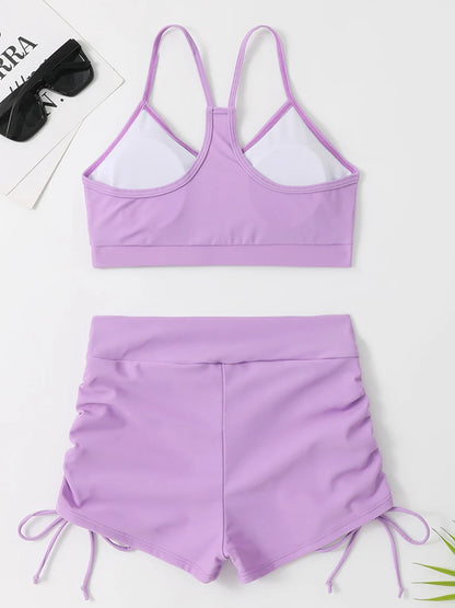 Drawstring Front Shorts Bikinis High Waist Swimsuit Women Swimwear Female Bathers Bathing Swimming Swim Suit Beachwear