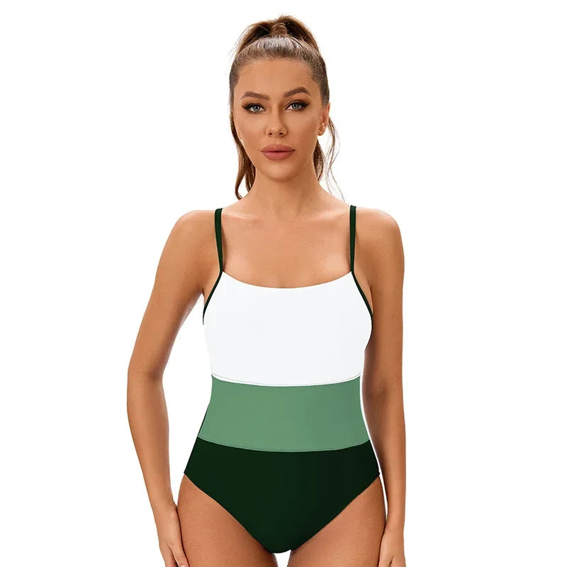Block Colors One-Piece Swimsuit Sexy  Backless Bodycon Fit  Swimwear for Summer Vacations Bathing Suit Women