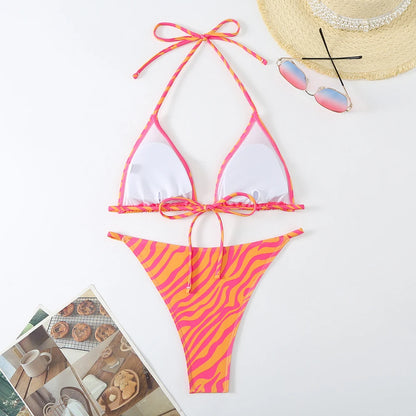 Halter Printed Bikini Women Thong Swimwear Female Triangle Swimsuit Bathers Bathing Swimming Swim Suit Beachwear Summer