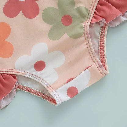 Toddler Infant Baby Girl Sleeveless Swimsuit Floral Print Romper Swimwear U-Neck Bathing Suit Ruffled Beachwear