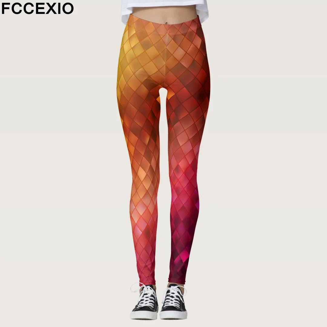 FCCEXIO Summer Geometric Graffiti Print Women's Sports Leggings High Waist Running Tight Fitness Workout Yoga Gym Pants S-3XL