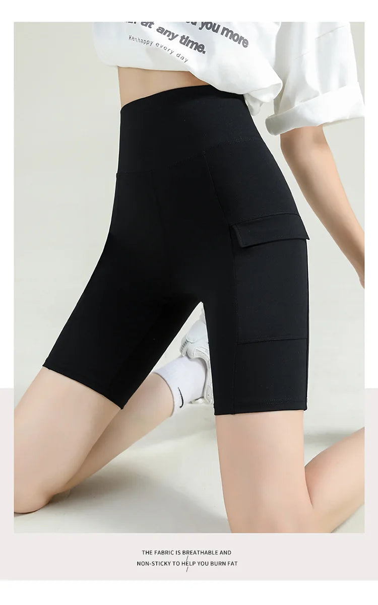 BIVIGAOS Summer New Cargo Pocket Shark Shorts Women's Sport Fitness Cycling Shorts High Waist Running Tight Biker Short Leggings