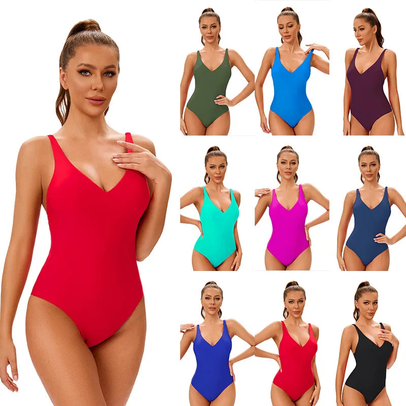 Swimsuit One Piece Swimsuit Swimwear Women Solid Color V-neck  Bathing Suit Beachwear