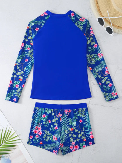 Long Sleeve Surfing Swimsuit Print Swimwear Women Two Pieces Diving Clothes Beachwear Bathing Swimming Swim Suit