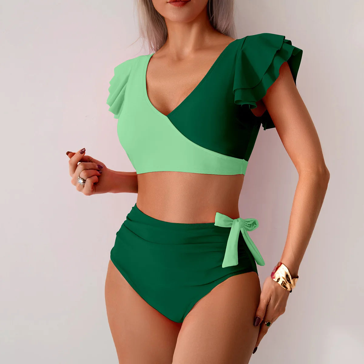 2Pcs/Set Women Bikini Set Lady Girls V-neck Ruffle Sleeve Bra Beachwear Female Swimwear High Waist Bathing Suits