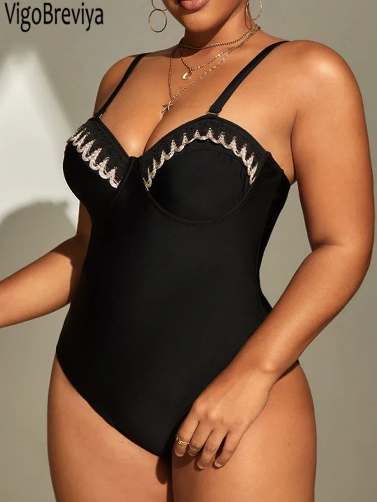 Solid Strapped Plus Size Swimwear Women Curvy One Piece Swimsuit Brazilian Lady Large Big Bathing Suit