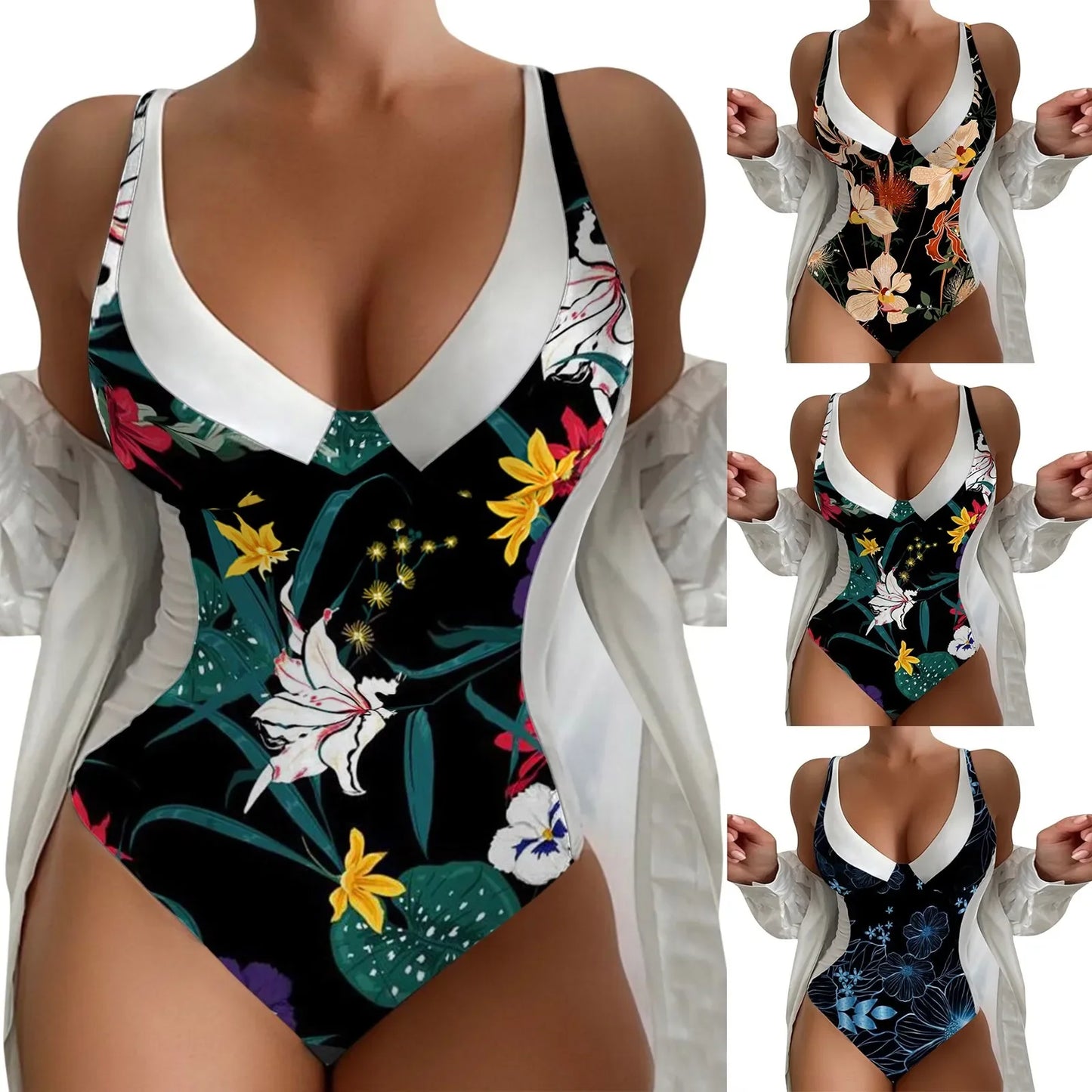 Swimwear One Piece Colorful Women Womens V Neck Flower Printed Swimsuit Bikini Swimwear Bathers