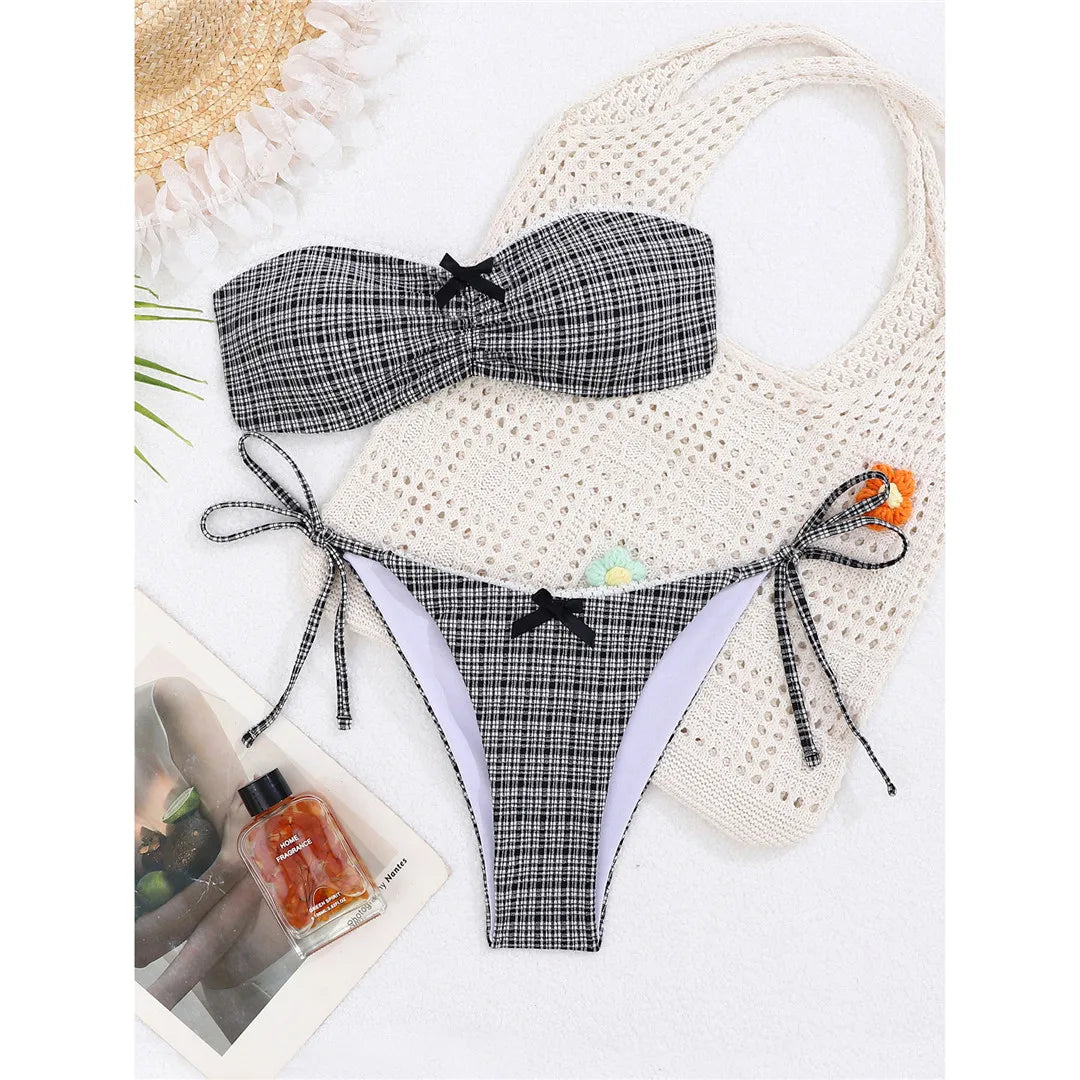 Plaid Bandeau Bikini Women Swimwear Female Swimsuit Two-pieces Bikini set Strappy High Cut Leg Bather Bathing Suit Swim