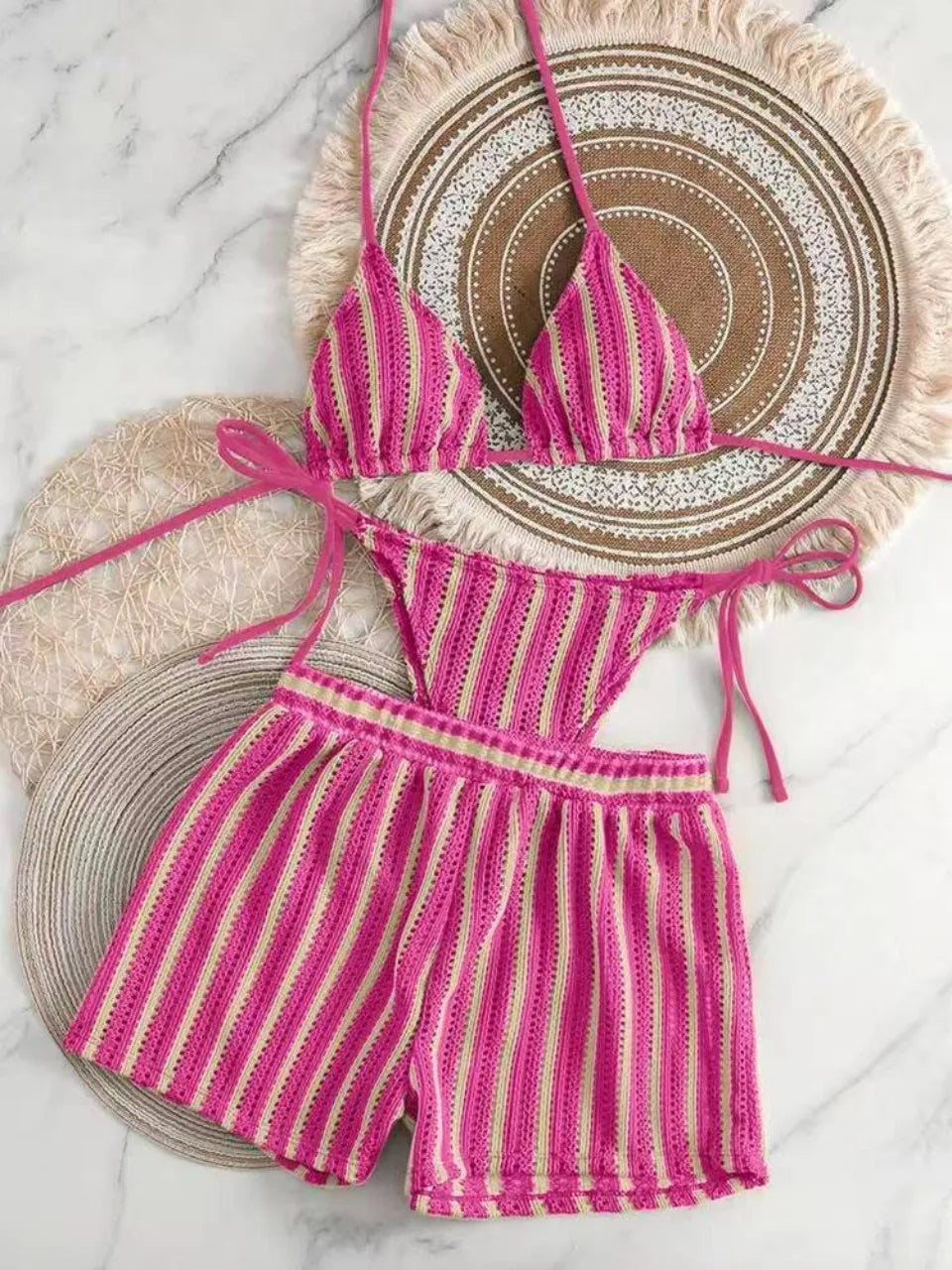 3 Pieces Halter Bikini Striped Print Swimsuit With Mesh Shorts Swimwear Female Bathers Bathing Swimming Suit Beachwear