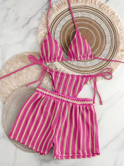 3 Pieces Halter Bikini Striped Print Swimsuit With Mesh Shorts Swimwear Female Bathers Bathing Swimming Suit Beachwear