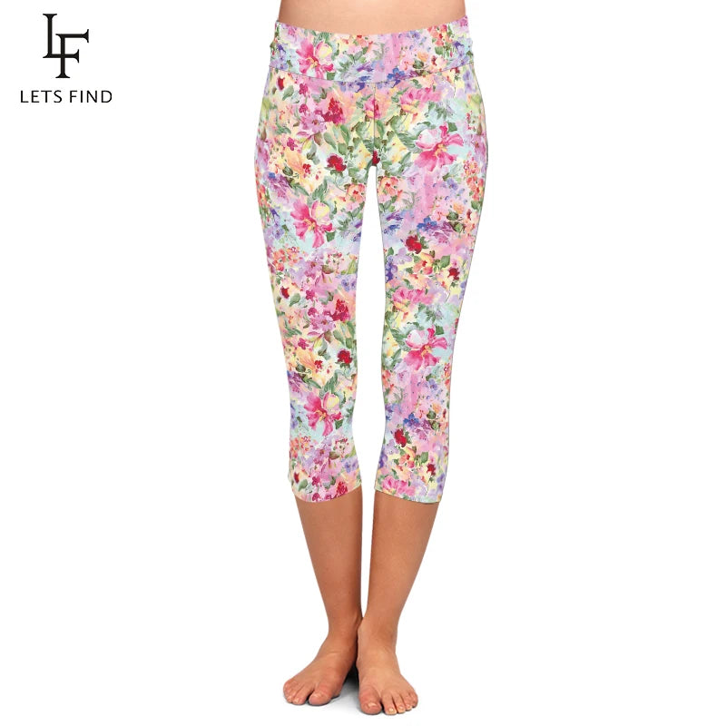 Floral Print High Waist Women Capri Legging Fitness Stretch Slim Mid-Calf 3/4 Leggings