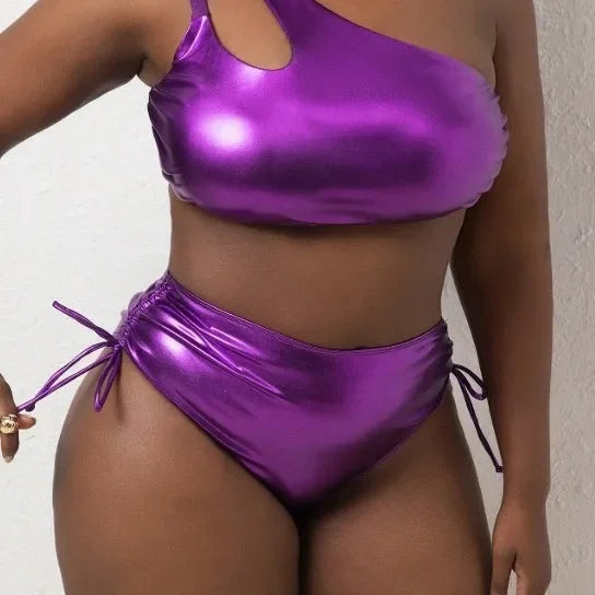 Plus Size Bikini Set Pure Color Foil Luminous Fabric Two Piece Swimsuit Women's Fashion Beachwear Swimwear