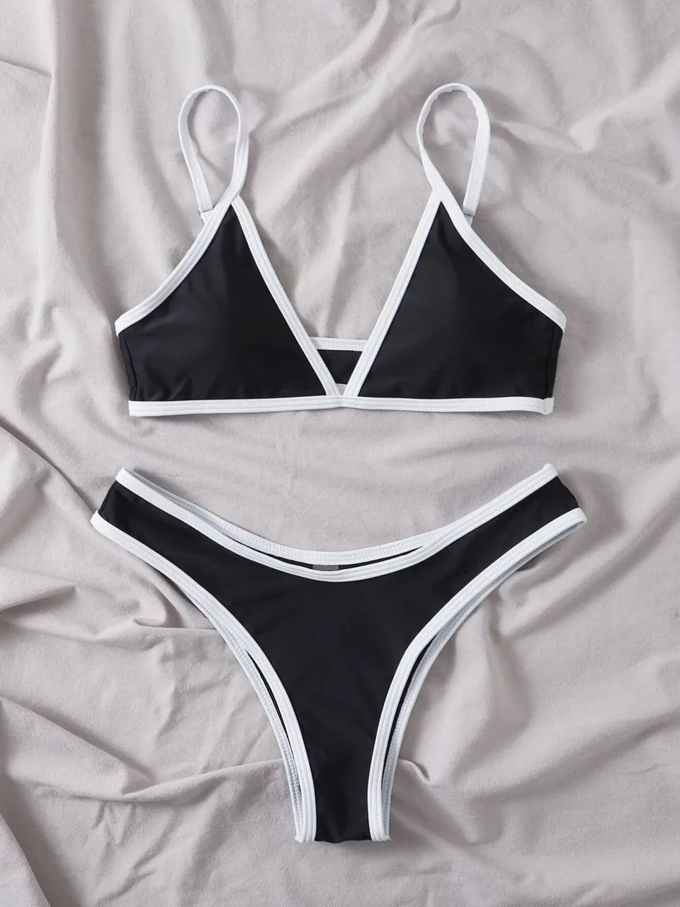 Strappy Bikini Solid Triangle Swimsuit Women Detail Stitch Swimwear Female Bathers Bathing Swimming Suit Padded Beachwear