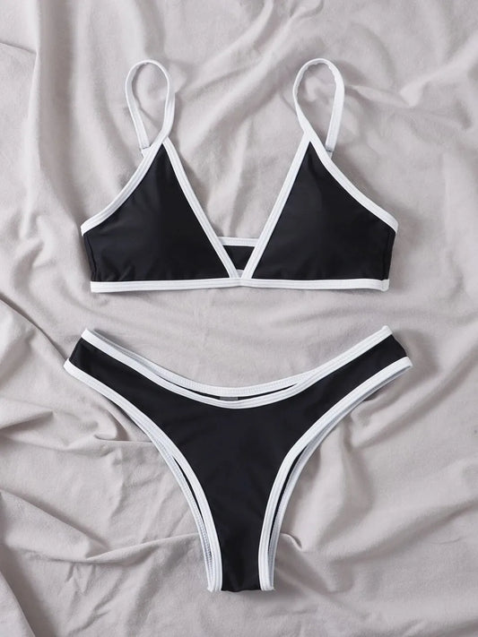 Strappy Bikini Solid Triangle Swimsuit Women Detail Stitch Swimwear Female Bathers Bathing Swimming Suit Padded Beachwear
