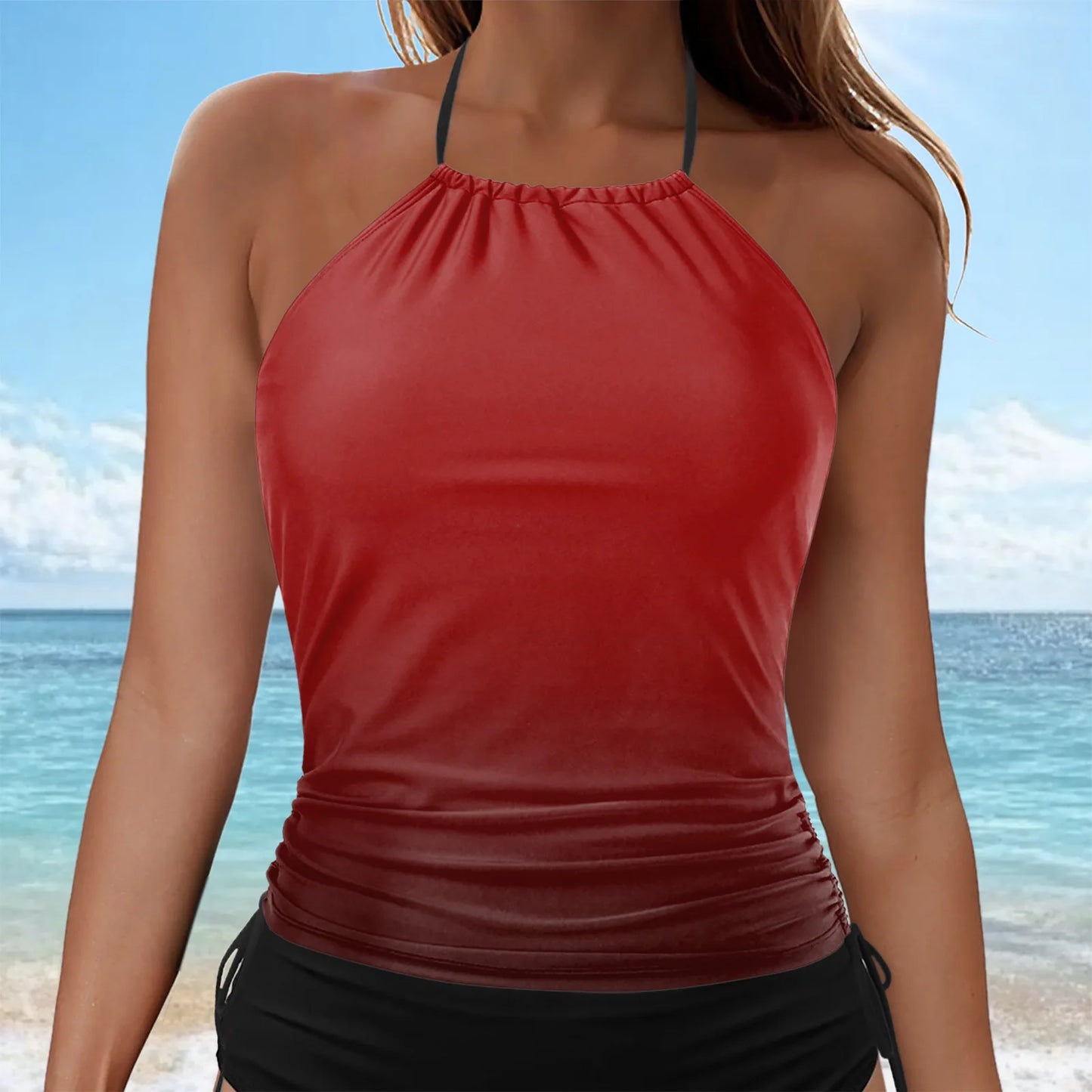Women's Gradient Tankini Swimsuit Hanging Neck Cover Tummy Suspender Tops Mid Waist Side Tie Solid Color Shorts Holiday Wear