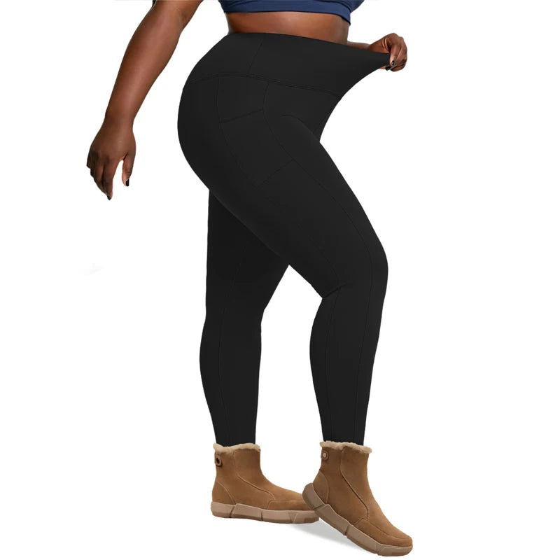 Plus Size Fleece Lined Leggings with Pockets for Women High Waist Winter Tummy Control Thermal Warm Yoga Pants
