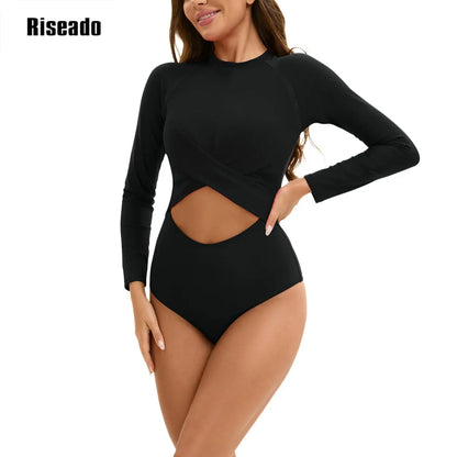 Women's Long Sleeve Rash Guard Cut Out One Piece Swimsuit Sun Protection Back Zipper Bathing Suit