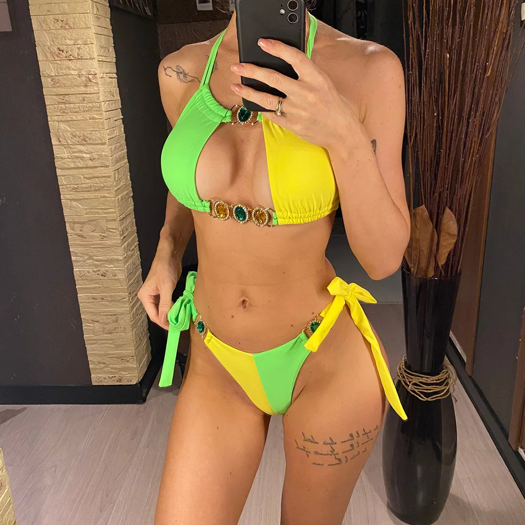 8 Colors Diamond Rhinestones Splicing Bikini Women Swimwear Female Swimsuit Two-pieces Bikini set Bather Bathing Suit Swim