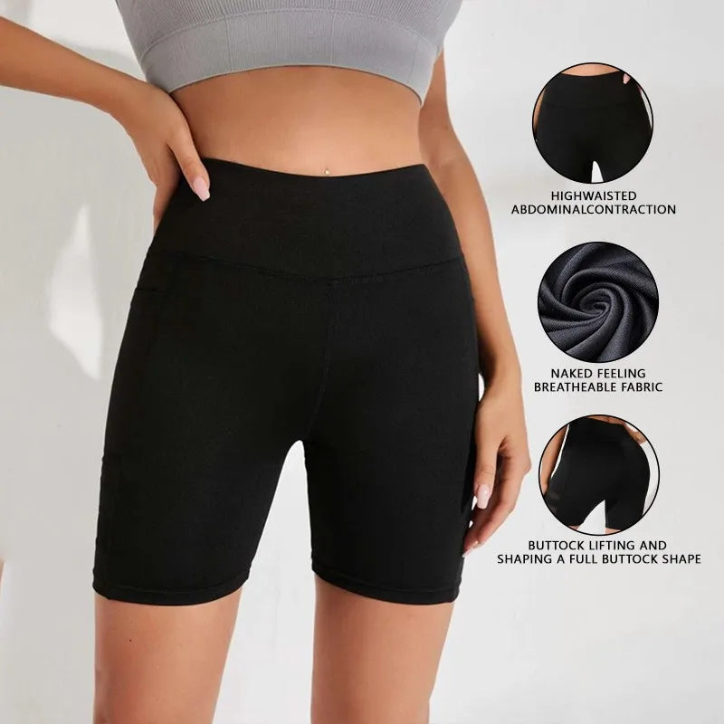Yoga Pants, Pocket Shorts, Women's Casual Mesh Splicing Cycling Pants, High Waisted Fitness Pants, Sports Shorts