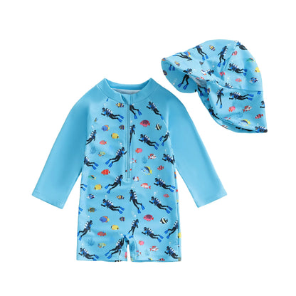 Summer Toddler Kids Baby Boy Rash Guard Swimsuits Animal Print Zipper Long Sleeve Bathing Suits with Swim Cap Swimwear
