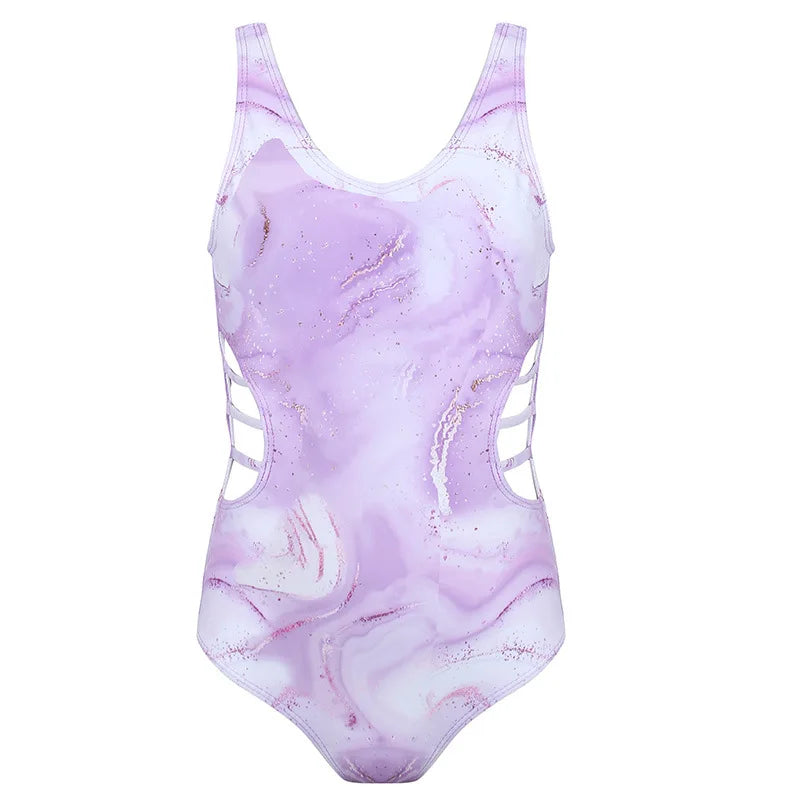 Purple Tie Dye Teens Girls One Piece Swimsuit 7-12 Year Kids Swim Suit Cut Out Children's Swimwear Bathing Suits Beachwear
