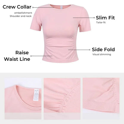 Side Ruched Round Neck Yoga Short Sleeve Seamless Shirts Stretch Breathable Daily Sports Tennis Golf Tops Fitness Crops