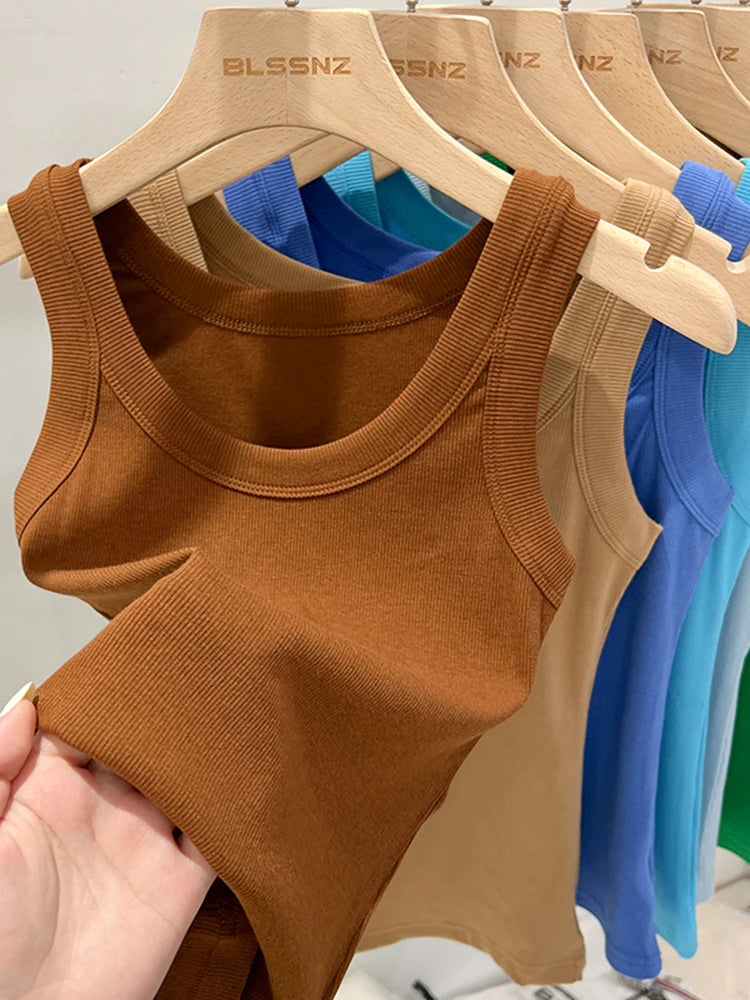 Women Solid Round Neck Ribbed Tank Top Camisole Women  Elastic Tank Top O Neck Solid Tank Top