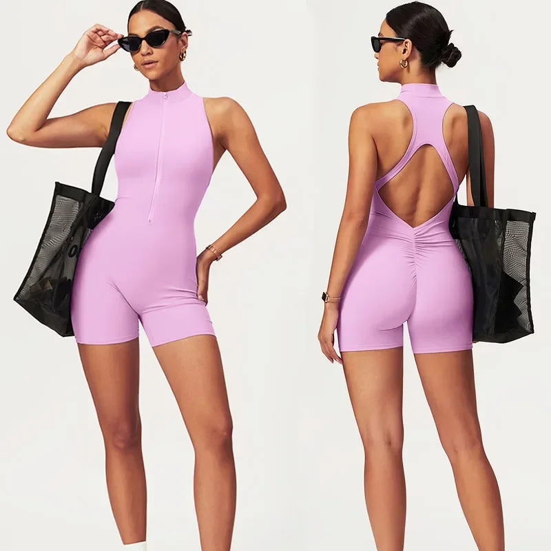 Women's Zip-Front Open-Back Workout Playsuit