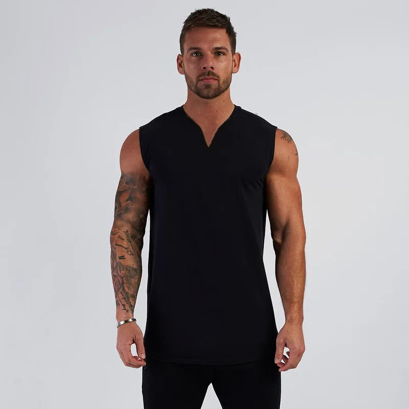 Cotton V-neck Fitness Tank Top Men Summer Muscle Vest Gym Clothing Bodybuilding Sleeveless Shirt Workout Sports Singlets