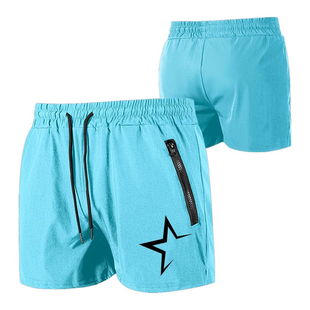 Men's Swimming Trunks with Double Zipper Pockets Summer Quick Dry Beach Shorts Star Print Gym Fitness Running Sport Shorts