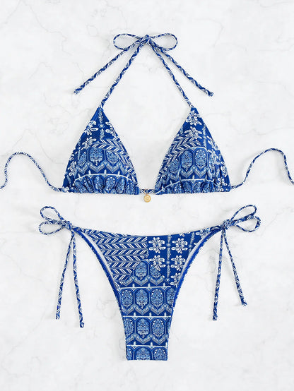 Triangle Bikini Set - Floral Print Push Up Swimsuit & Brazilian Bottoms