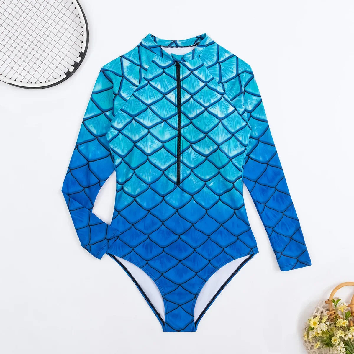 Mermaid Gradient One Piece Swimsuit Zipper Long Sleeve Swimwear Women Bathing Suit Retro Vintage One-piece Surfing Suits Swim Wear Adult