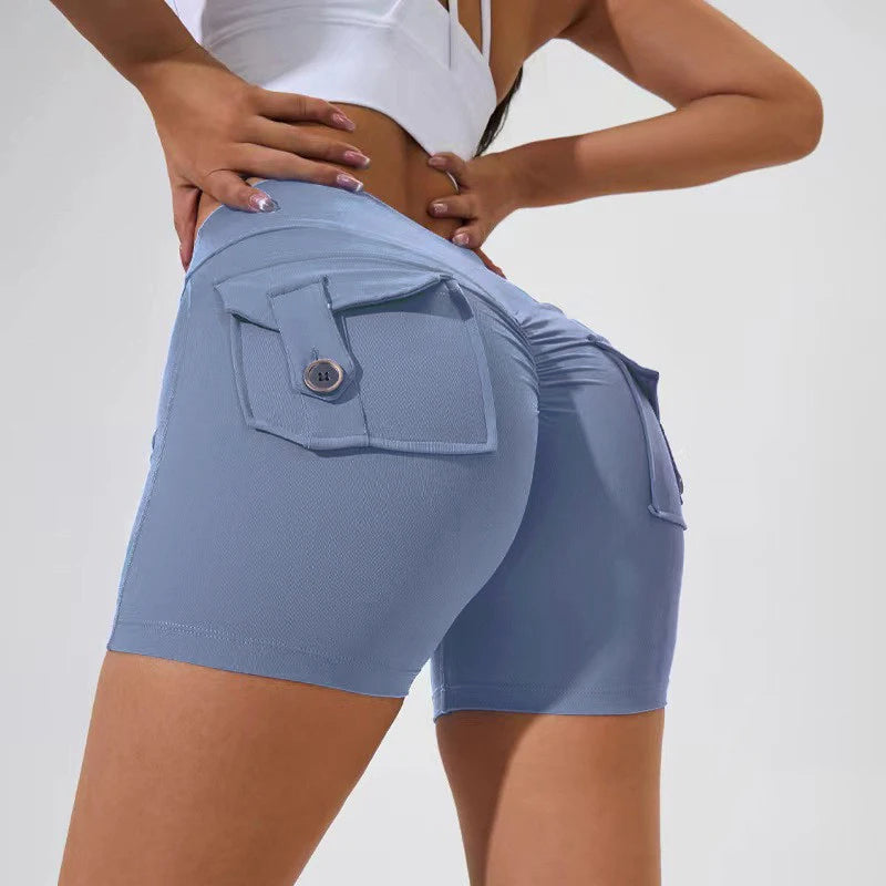 Scrunch Women Button Booty Pocket Sports Yoga Shorts Cycling Jogging Fitness High Waist Squat Proof Gym Active Leggings