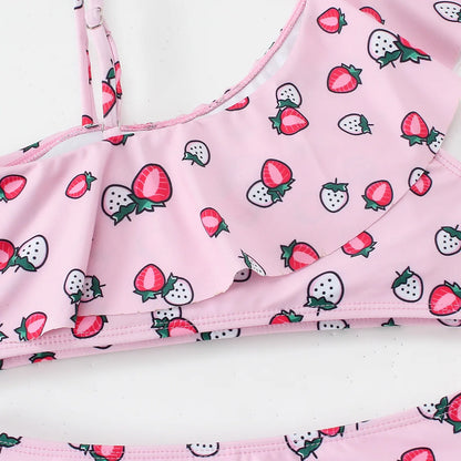 Girls Ruffle Bikini Two Pieces Swimsuit Kids Cat Footprints One Shoulder Children's Swimwear 7-12Years Bathing Suit