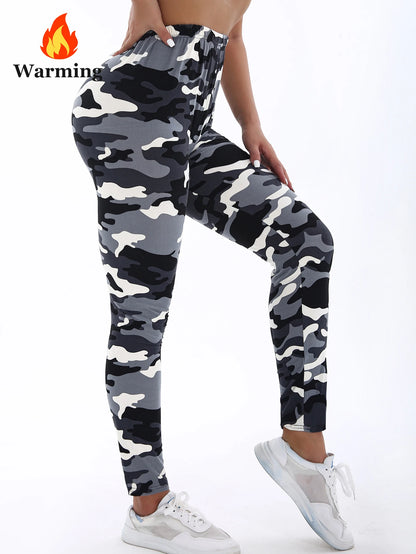 Autumn Winter 1PACK Women's White Grey Camouflage Thick Velvet  Tight Legging Casual Sports Elegant Fitness Yoga Pants