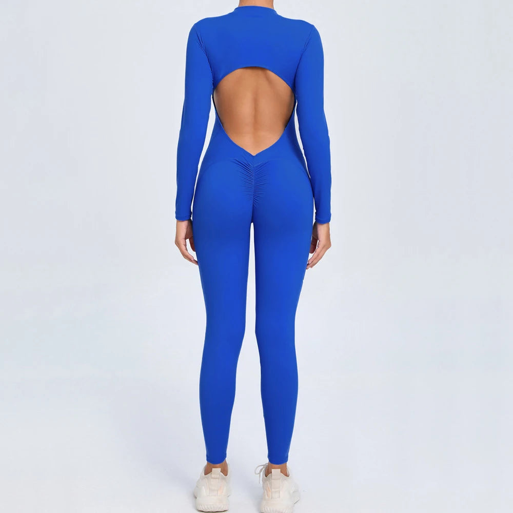 Women Long Sleeve Zipper Jumpsuit One-Piece Zipper Yoga Set Gym Push Up Workout Clothes Fitness Bodysuit Sportswear