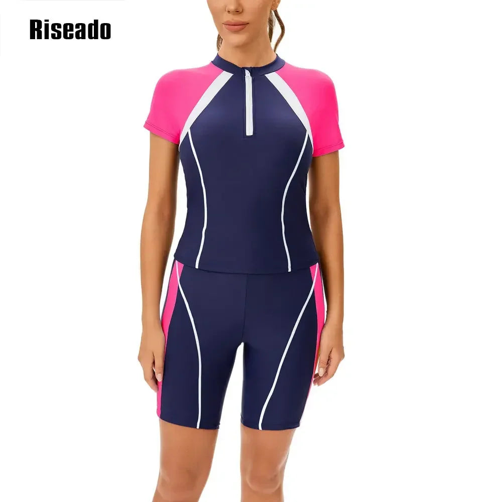 Women's Rash Guard 2 Piece Short Sleeve Swim Shirt with Shorts Swimsuit Two pcs Swimwear
