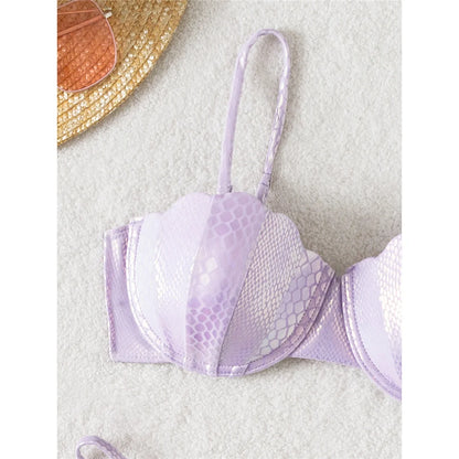 Scalloped Snake Skin Thong Bikini Female Swimsuit Women Swimwear Two-pieces Bikini set Bra Cup Bather Bathing Suit Swim