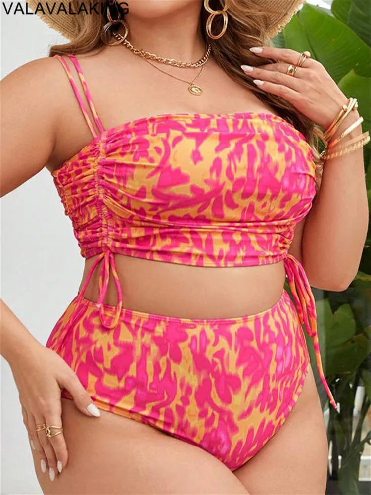 Color Print Two Piece Plus Size Bikini Women Strapped Large Swimsuit High Waist Lady Swimwear Beach Curvy Bathing Suit