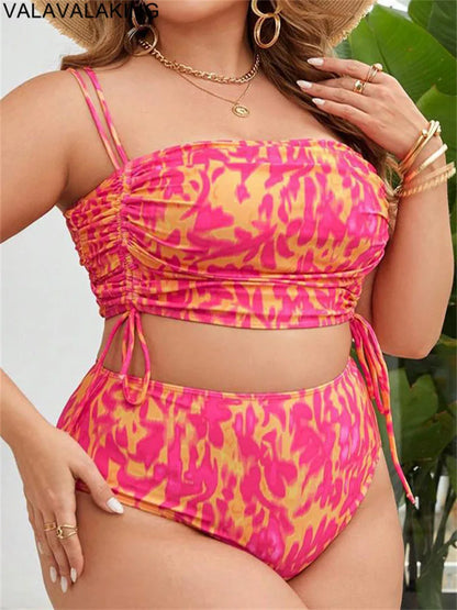 Color Print Two Piece Plus Size Bikini Women Strapped Large Swimsuit High Waist Lady Swimwear Beach Curvy Bathing Suit