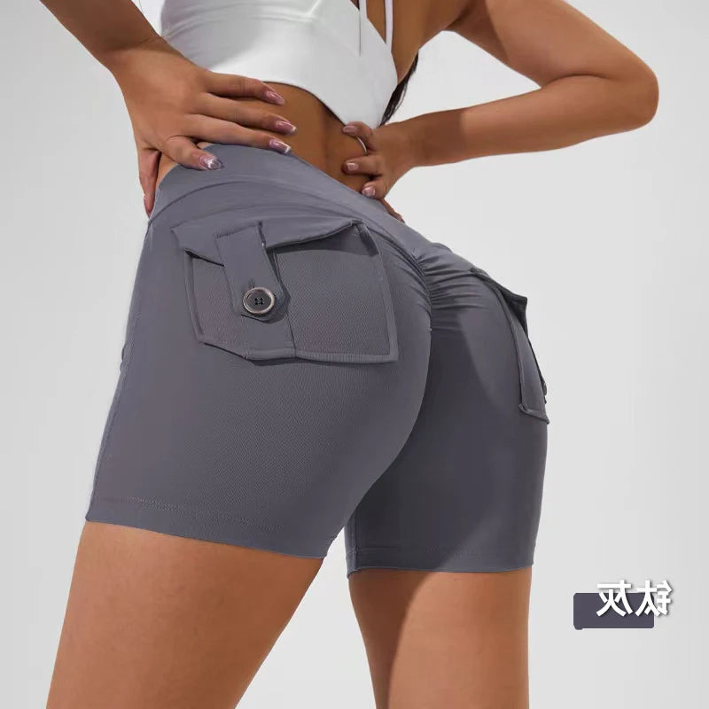 Scrunch Women Button Booty Pocket Sports Yoga Shorts Cycling Jogging Fitness High Waist Squat Proof Gym Active Leggings