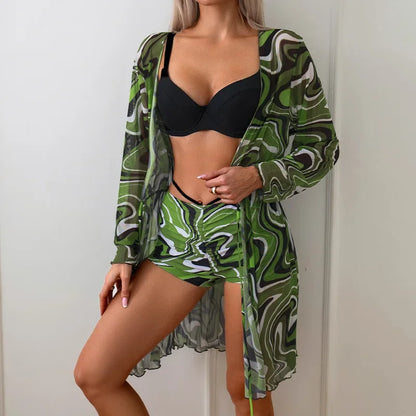Women 3 Piece Print High Waist Bikini Sets Purple Swimsuit & Kimono Cover Ups Swimsuit Female Swimwear Push Up Beach Bathing Suits