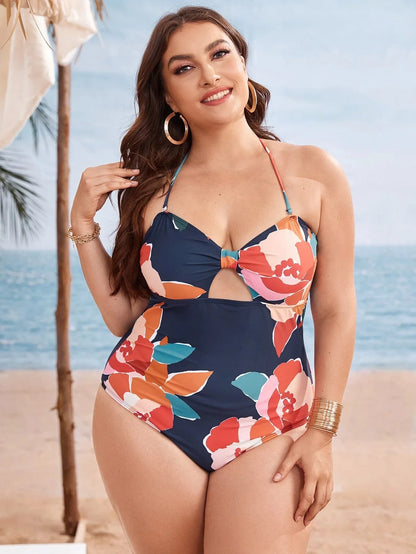 Print Push Up Plus Size Swimwear Women Tied Halter Large Big One Piece Swimsuit Curvy Brazilian Bathing Suit