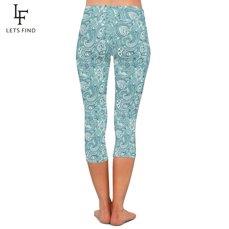 Women's High-Waisted Printed Capri Leggings – Turquoise
