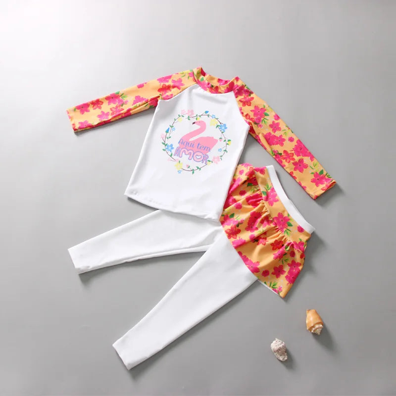 Girls' Long Sleeve Swimming Suit Skirt Style Quick Dry Thermal Sunscreen Swimwear Casual Surf Suit Children's Two Piece Swimsuit