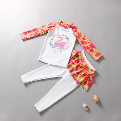 Girls' Long Sleeve Swimming Suit Skirt Style Quick Dry Thermal Sunscreen Swimwear Casual Surf Suit Children's Two Piece Swimsuit