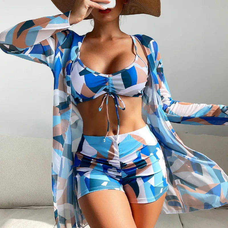 Summer Print Bikinis Swimwear Female Swimsuit Beachwear Push Up Three-Piece Bikini Set Women Swimming Bathing Suit